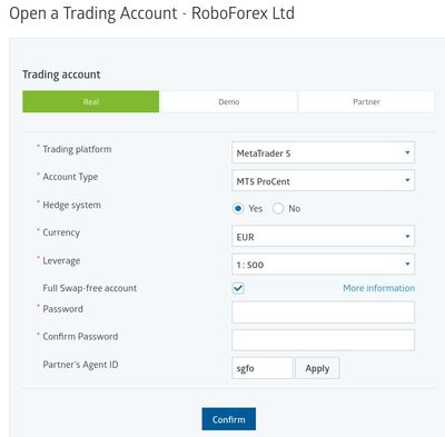 Create trading account screen