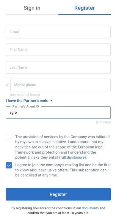 RoboForex registration screen